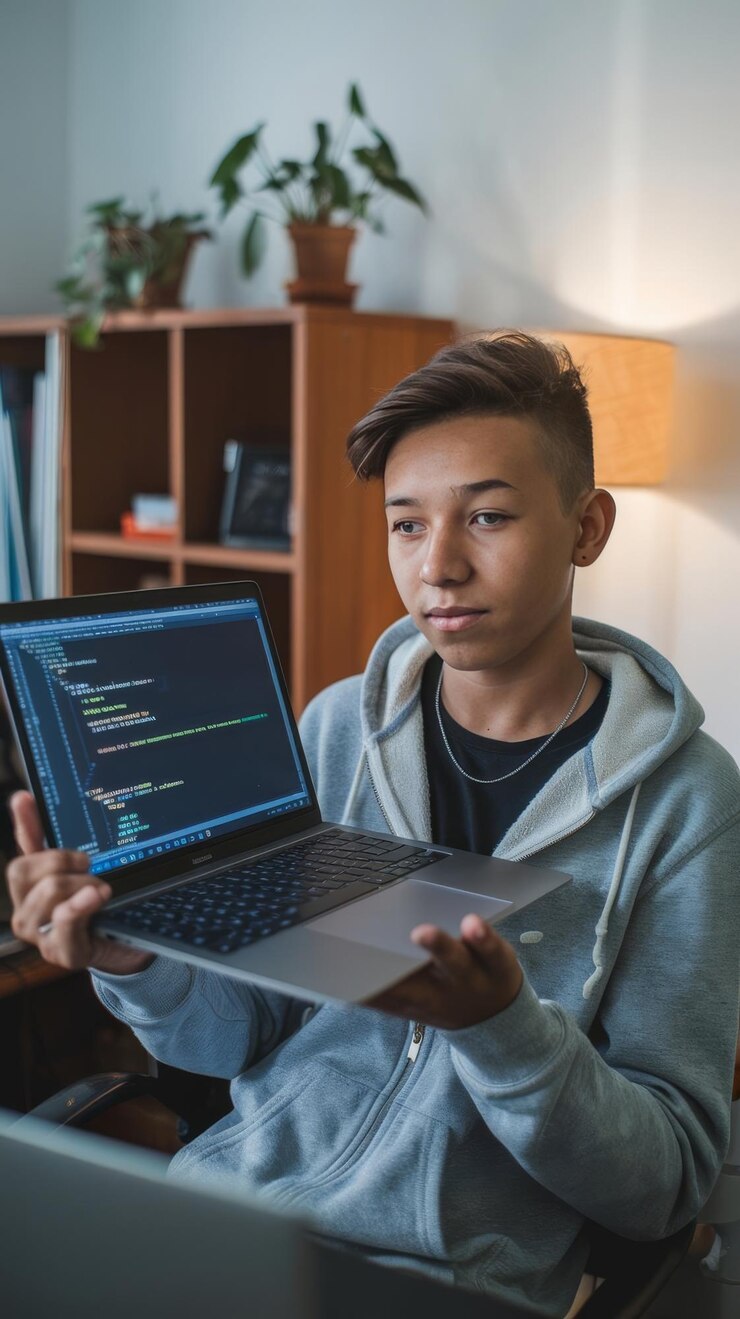 Foto adolescente de tiro medio con laptop
