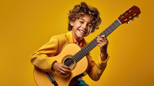 Adolescente tocando violão em fundo amarelo