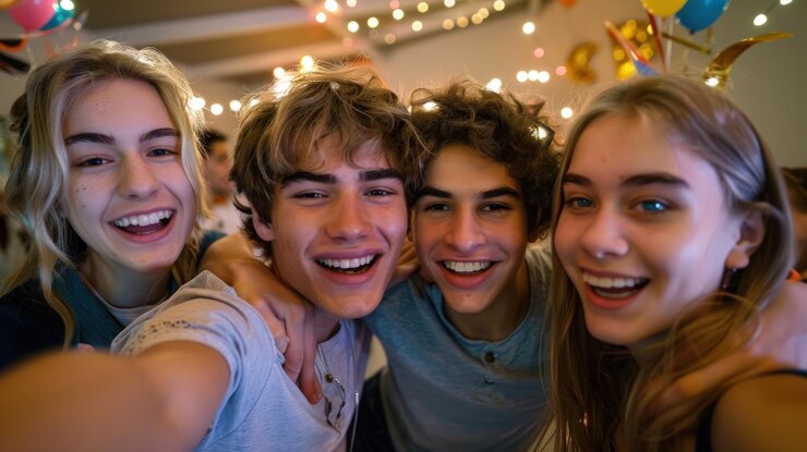 Un adolescente tomando una selfie con amigos en una fiesta sonriendo y posando para la cámara