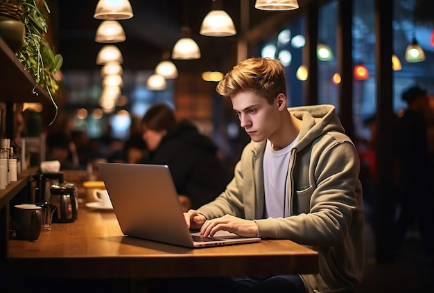 un adolescente trabajando frente a una computadora portátil tomando café en una cafetería