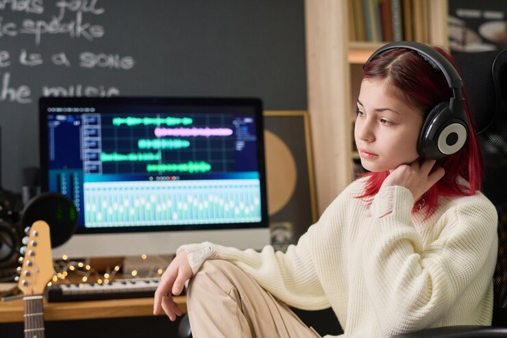 Foto una adolescente tranquila con auriculares