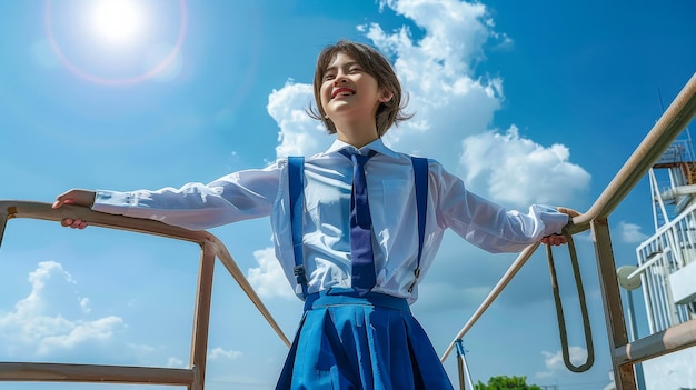 adolescente usa uniforme de estudiante tailandés de manga larga sonrisa ver el cielo y el sol