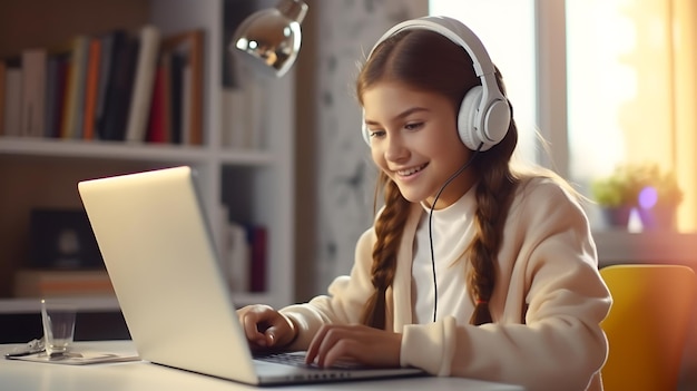 Adolescente usando fones de ouvido faz sua lição de casa com seu laptop Criado com tecnologia Generative AI