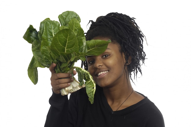 Adolescente, con, vegetales