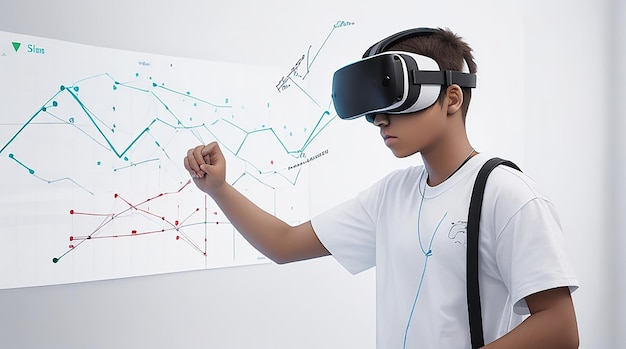 Adolescente vestindo uma camiseta branca usando óculos de realidade virtual com tecnologia