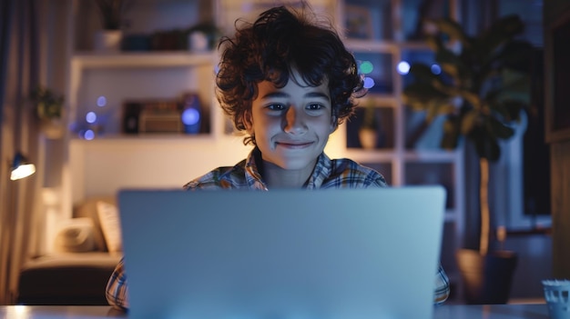 Adolescente en videoconferencia con compañeros de clase en una computadora portátil que participa en clases de aprendizaje a distancia