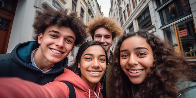 Adolescentes alegres amigos internacionais tirando selfie enquanto caminhavam no conceito de memórias felizes do parque de verão