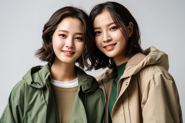 Adolescentes asiáticas hermosas sonriendo felices de conocer a su amiga sobre fondo blanco Generar Ai