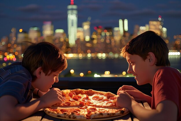 Foto adolescentes compartilhando pizza no horizonte da metrópole