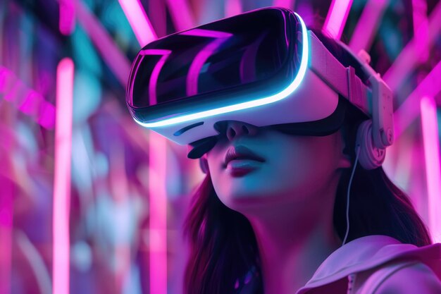 Adolescentes desfrutam de jogos esportivos VR no ciberespaço futurista