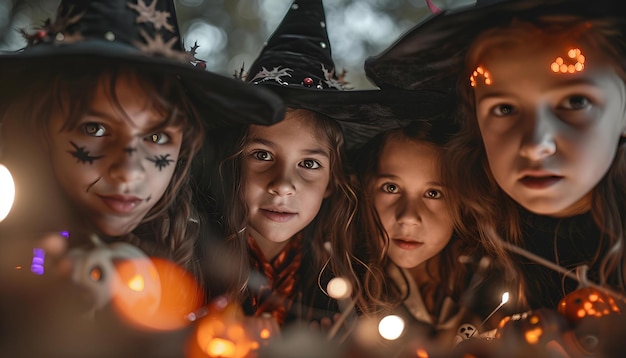 Foto adolescentes disfarçados de bruxas e feiticeiros para o dia das bruxas crianças celebrando a santificação