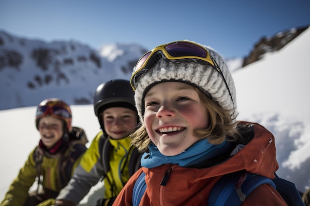 Los adolescentes disfrutan de divertidas actividades deportivas de invierno en montañas nevadas