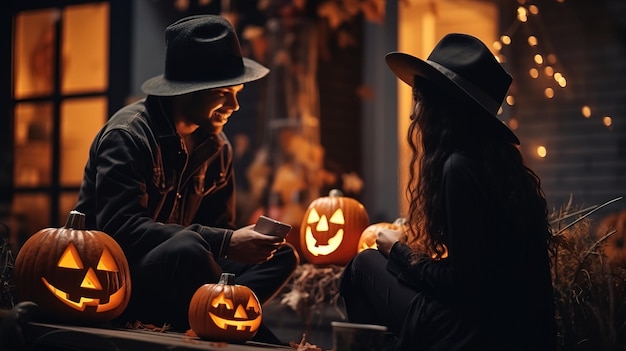 Adolescentes e decorações de outono com abóboras para Halloween Generation AI