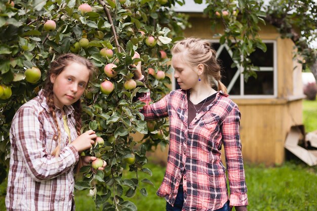 Adolescentes felices en camisas a cuadros en verano en el jardín