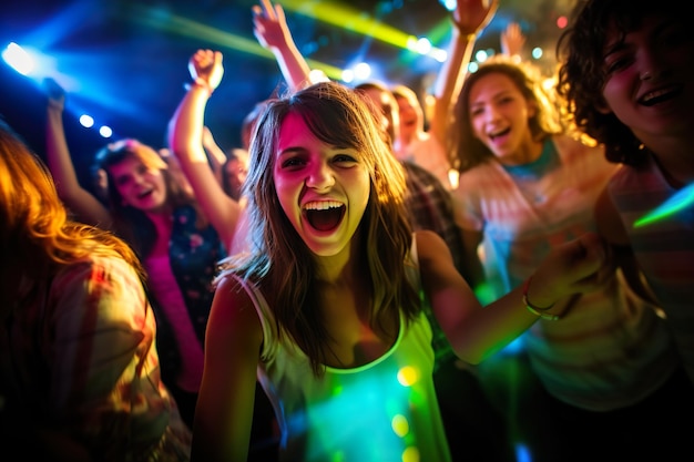 Adolescentes felices disfrutan de un baile generativo en una discoteca