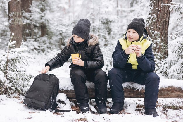 Adolescentes felizes bebendo chá de garrafa térmica e conversando sentados juntos no log na floresta de inverno nevado. Bebida quente em clima frio. Crianças fazendo piquenique na temporada de inverno ao ar livre. Viagens locais.