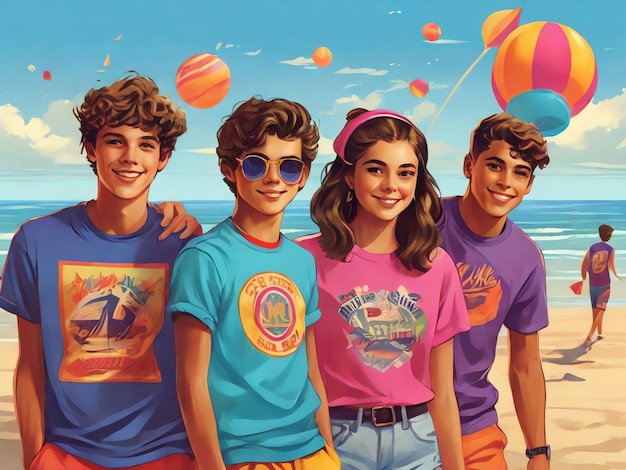 Adolescentes jugando en la playa con camisetas retro