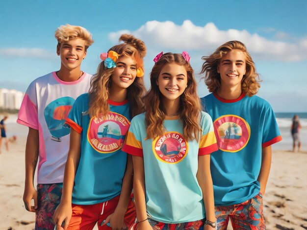 Foto adolescentes jugando en la playa con camisetas retro