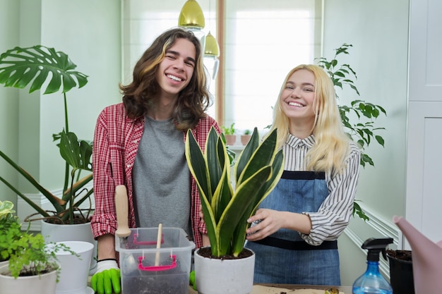 Adolescentes rapaz e garota plantando planta de casa em pote