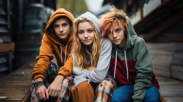 adolescentes sentados juntos enquanto estavam sentados em um lugar abandonado adolescência difícil e problemática