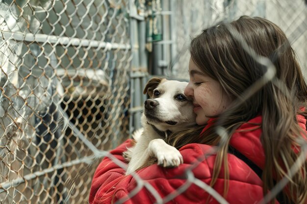 Adopção de animais de estimação Família adotando um amigo peludo de um abrigo abraços e novos começos