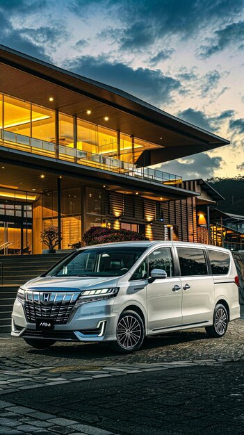 adoptar un nuevo concepto de MPV para su primer coche de lujo frente cuarto vista estacionado frente a un moderno