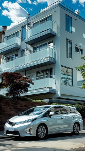 Adoptar um novo conceito de MPV para o seu primeiro carro de luxo frente quarto vista estacionado em frente a um moderno