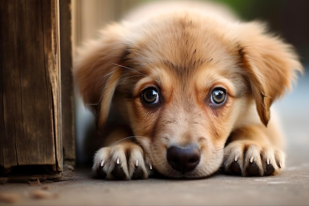 Adopte un perro tímido raza canina linda escondiéndose detrás de las manos en el suelo del patio trasero con ojos grandes proporción de 32