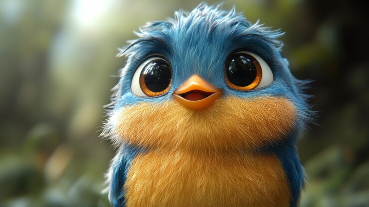 Adorable 3Drendered baby bluebird with large eyes fluffy feathers and an orange chest