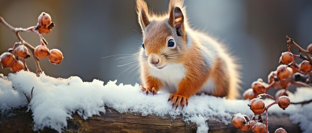 Adorable ardilla roja con el telón de fondo de un bosque invernal Concepto de tarjetas de Navidad y Año Nuevo