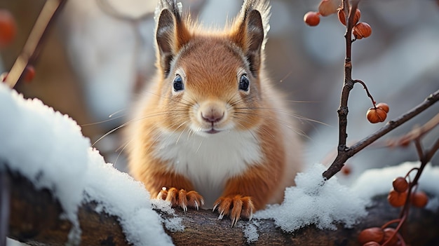 Adorable ardilla roja con el telón de fondo de un bosque invernal Concepto de tarjetas de Navidad y Año Nuevo