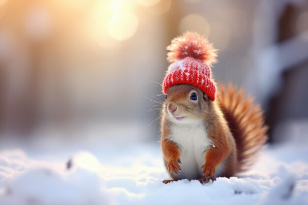 Foto una adorable ardilla vestida con un cómodo sombrero de punto