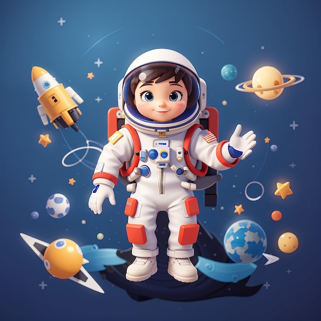 Adorable astronauta flotando con un cohete en el espacio Ilustración vectorial de dibujos animados