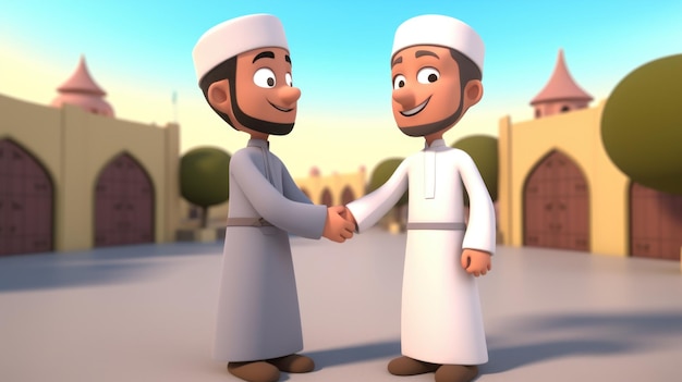 Adorable avatar de dibujos animados de niños musulmanes dándose la mano árboles de la mezquita en el fondo Eid Mubarak Concept GenerativeAI Ilustración digital