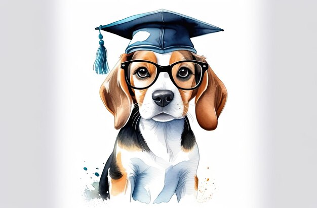 Foto el adorable beagle lleva una gorra graduada y posa con libros de ilustraciones en acuarela