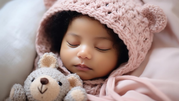 Adorable bebé afro durmiente con gorra de punto rosa envuelta en una manta suave con juguete de oso suave