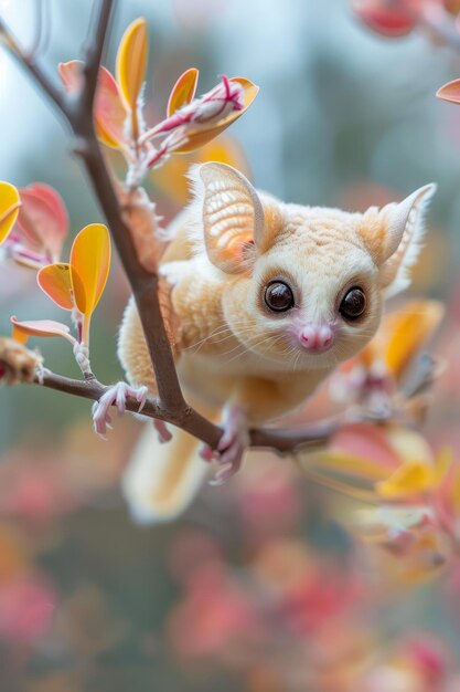 Adorable bebé arbusto mirando con grandes ojos en una rama en medio de coloridas hojas de otoño