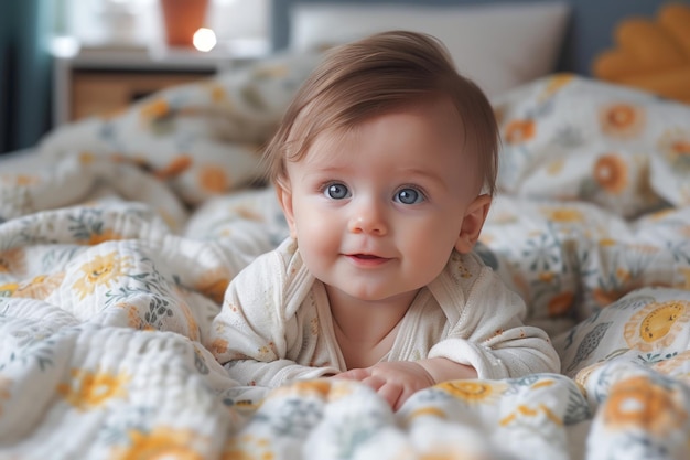 Foto adorable bebé arrastrándose en una suave alfombra blanca en un acogedor entorno de sala de estar