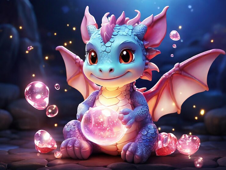 Adorable bebé dragón con burbujas brillantes en el bosque de fantasía IA generativa