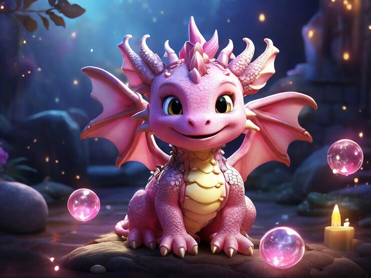 Adorable bebé dragón con burbujas brillantes en el bosque de fantasía IA generativa