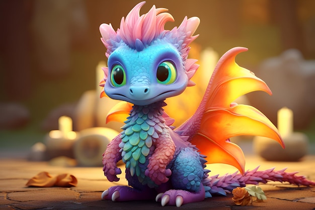 Adorable bebé dragón personaje de dibujos animados perfecto para libros de mercancía para niños y más súper lindo colorido pequeño bebé dragón con grandes ojos negros monstruo de fantasía ilustración 3d para niños