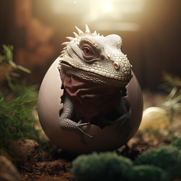 Adorable bebé dragón saliendo del cascarón 3D Rendered Lizard Animal