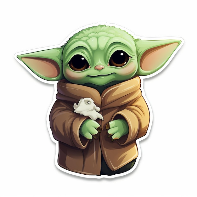 El adorable bebé Grogu Yoda abrazando una pegatina de rana sobre un fondo blanco