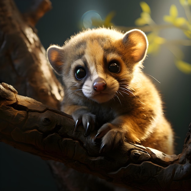 Adorable bebé Kinkajou aferrándose a la rama de un árbol bajo la luz del sol