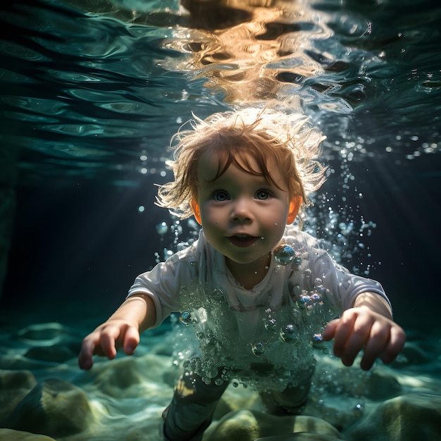 Adorable bebé nadando bajo el agua Buceo Jóvenes nadando en el agua