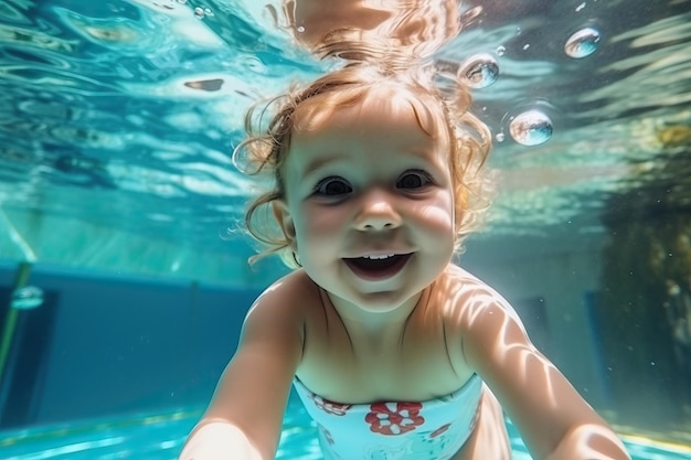 Adorable bebé nadando bajo el agua