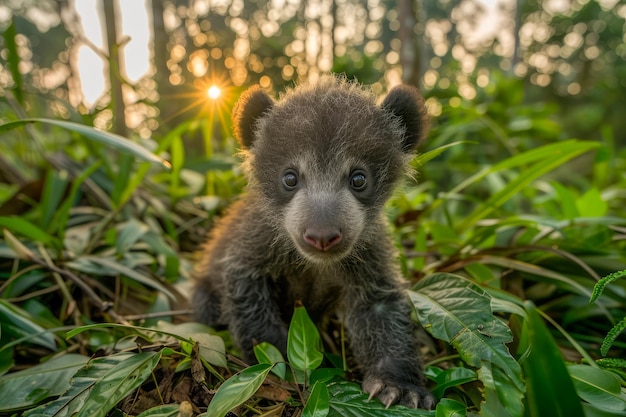 Adorable bebé oso explorando la naturaleza con el amanecer de fondo lindo animal salvaje en el bosque exuberante