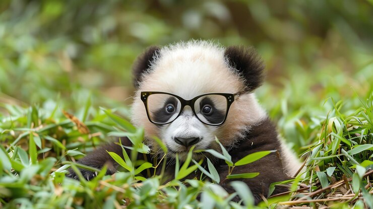 Foto un adorable bebé panda con gafas se sienta en un bosque verde exuberante el panda está mirando a la cámara con una expresión curiosa