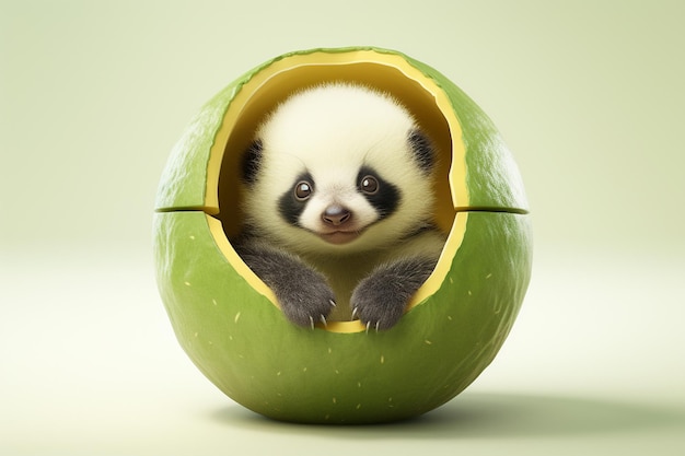 adorable bebé panda nace en un fondo blanco 3d de aguacate