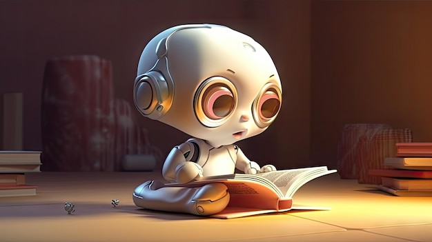 Adorable bebé robot de dibujos animados leyendo un libro